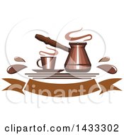 Clipart Of A Coff Cup And Cezve With Splashes Over A Banner Royalty Free Vector Illustration