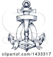 Clipart Of A Navy Blue Sketched Anchor And Blank Banner Royalty Free Vector Illustration