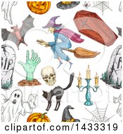 Poster, Art Print Of Seamless Background Pattern Of Sketched Halloween Items