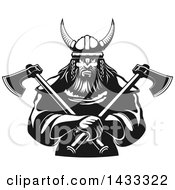 Clipart Of A Black And White Tough Viking Warrior Holding Crossed Axes Royalty Free Vector Illustration by Vector Tradition SM