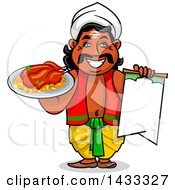 Poster, Art Print Of Cartoon Happy Male Indian Chef Holding A Blank Menu And A Plate With A Cooked Chicken
