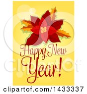 Clipart Of A Happy New Year Greeting And Poinsettia On Yellow Royalty Free Vector Illustration