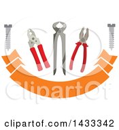 Pair Of Nippers Pliers Tongs And Metal Bolt Screws Over A Banner