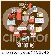Poster, Art Print Of Circle Of Flat Styld Retail Icons Over Shopping Text On Brown
