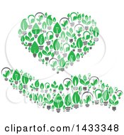 Clipart Of A Hand Supporting A Heart Both Formed Of Green Leaf Eco Light Bulbs Royalty Free Vector Illustration