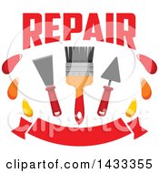 Poster, Art Print Of Repair Design With A Paintbrush And Plaster Spatulas Over A Banner