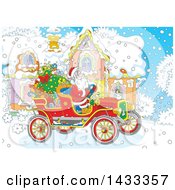 Christmas Scene Of Santa Claus Driving An Antique Car In Front Of A House