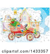 Poster, Art Print Of Christmas Scene Of Santa Claus Driving An Antique Car In Front Of A House