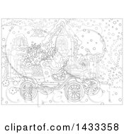 Poster, Art Print Of Black And White Lineart Christmas Scene Of Santa Claus Driving An Antique Car In Front Of A House