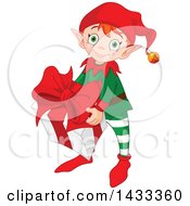 Clipart Of A Happy Christmas Elf Holding A Present Royalty Free Vector Illustration by Pushkin