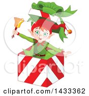 Poster, Art Print Of Happy Christmas Elf Ringing A Bell And Popping Out Of A Gift Box