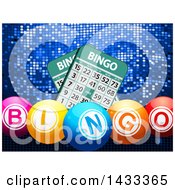 Clipart Of 3d Colorful Bingo Balls And Cards Over Blue Mosaic Royalty Free Vector Illustration