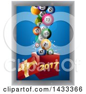 Clipart Of A New Year 2017 Gift Box With Colorful 3d Balls Flying Out Over Blue With A Gray Border Royalty Free Vector Illustration