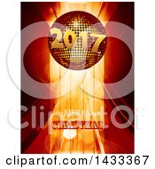 Poster, Art Print Of Merry Christmas Greeting Under A 3d 2017 New Year Disco Ball Over Stripes And Flares