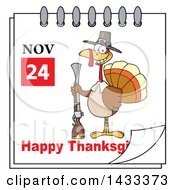 Clipart Of A November 24 Happy Thanksgiving Calendar Page With A Pilgrim Turkey With A Blunderbus Royalty Free Vector Illustration