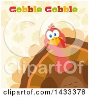Poster, Art Print Of Flat Design Styled Turkey Bird With Gobble Gobble Text Peeking From A Corner Over Leaves