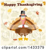 Poster, Art Print Of Flat Design Styled Pilgrim Turkey Bird With Happy Thanksgiving Text Over Leaves