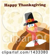 Poster, Art Print Of Flat Design Styled Pilgrim Turkey Bird With Happy Thanksgiving Text Peeking From A Corner Over Leaves
