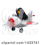Clipart Of A 3d Black Bird Flying An Airplane On A White Background Royalty Free Illustration