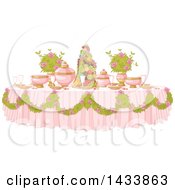 Pink Princess Dining Table Formally Set With Flowers And Fruit