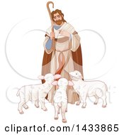 Poster, Art Print Of Loving Shepherd Looking Down At Lambs