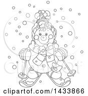 Poster, Art Print Of Cartoon Black And White Lineart Happy Snowman Wearing Winter Accessories And Skiing In The Snow