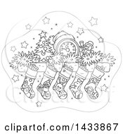 Poster, Art Print Of Cartoon Black And White Lineart Mandle With A Clock Tiny Tree Snowman Garland And Christmas Stockings