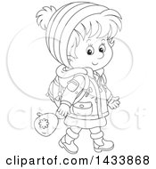 Poster, Art Print Of Cartoon Black And White Lineart School Girl Walking In Winter Apparel