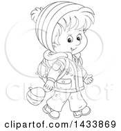Cartoon Black And White Lineart School Boy Walking In Winter Apparel