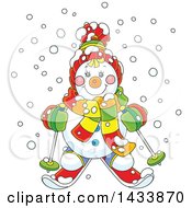Cartoon Happy Snowman Wearing Winter Accessories And Skiing In The Snow