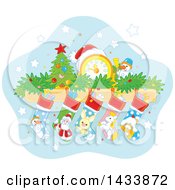 Poster, Art Print Of Mandle With A Clock Tiny Xmas Tree Snowman Garland And Christmas Stockings