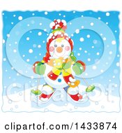 Poster, Art Print Of Happy Snowman Dressed In Winter Accessories And Skiing On A Snowy Day