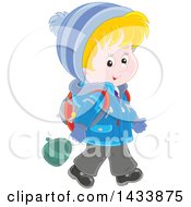 Poster, Art Print Of Cartoon Happy Blond White School Boy Walking In Winter Apparel