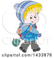 Cartoon Happy Blond Caucasian School Boy Walking In Winter Apparel