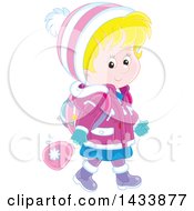 Happy Blond White School Girl Walking In Winter Apparel