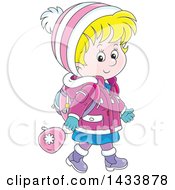 Cartoon Happy Blond Caucasian School Girl Walking In Winter Apparel