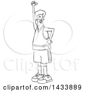 Poster, Art Print Of Cartoon Black And White Lineart Male Protester Holding Up A Fist And Shouting
