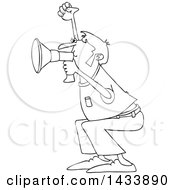 Poster, Art Print Of Cartoon Black And White Lineart Male Protester Shouting Into A Megaphone