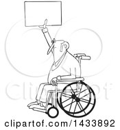 Poster, Art Print Of Cartoon Black And White Lineart Senior Male Protester In A Wheelchair Holding Up A Sign