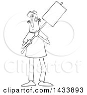 Poster, Art Print Of Cartoon Black And White Lineart Male Protester Holding A Sign
