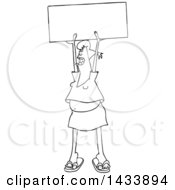 Poster, Art Print Of Cartoon Black And White Lineart Female Protester Holding Up A Sign And Shouting
