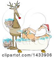 Poster, Art Print Of Cartoon Reindeer Holding A Bucket And Watching Santa Claus Washing Up In A Bubble Bath