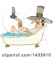 Poster, Art Print Of Cartoon Thanksgiving Pilgrim Man Lifting Up A Leg While Soaking In A Bubble Bath