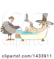 Poster, Art Print Of Cartoon Thanksgiving Turkey Bird Holding A Bucket By A Pilgrim Man Lifting Up A Leg While Soaking In A Bubble Bath