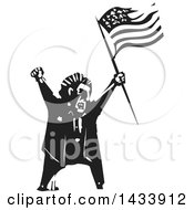 Poster, Art Print Of Black And White Woodcut Angry Man Shouting And Holding An American Flag