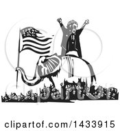 Poster, Art Print Of Black And White Woodcut Angry Man Shouting On Top Of An Elephant Holding The American Flag In The Middle Of A Crowd Of Protestors