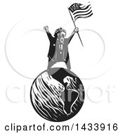 Poster, Art Print Of Black And White Woodcut Angry Man Shouting And Holding An American Flag On Top Of Planet Earth