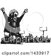 Black And White Woodcut Angry Man Shouting Over A Crowd Of Protesters