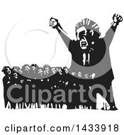 Clipart Of A Black And White Woodcut Angry Man Shouting And Towering Over A Crowd Of Scared Protesters Royalty Free Vector Illustration by xunantunich