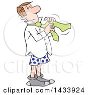 Clipart Of A Cartoon Caucasian Business Man Tying A Tie While Getting Dressed For Work Royalty Free Vector Illustration